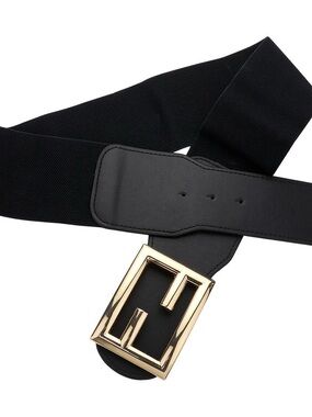Wide Black Elastic Belt with Gold Buckle